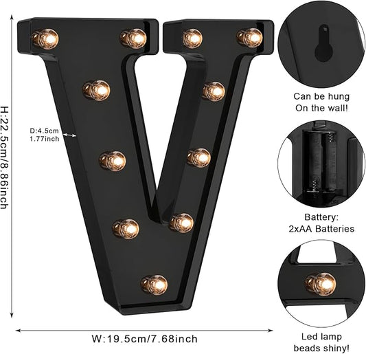 Foaky Black LED Letter Lights for Room Decor - Bedroom Wall Decor, Alphabet Lights for Home, Wedding, Party - Battery Operated (V)