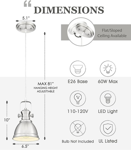 Pendant Lights Kitchen Island, Farmhouse Hanging Lights Fixtures with Metal Shade, Rustic Kitchen Pendant Lighting Over Island for Dining Room, Brushed Nickel, AD-2151-1P-SN