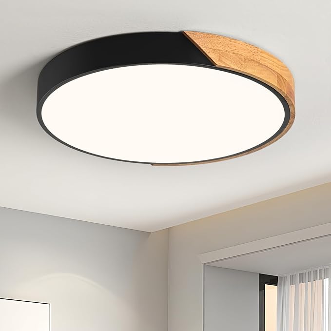 Modern LED Ceiling Light, Minimalist Wood Flush Mount Ceiling Light Fixture, 4000K Not Dimmable, Circle Lighting Lamp with Acrylic Lampshade for Bedroom Dining Room Laundry (Black,15.8")