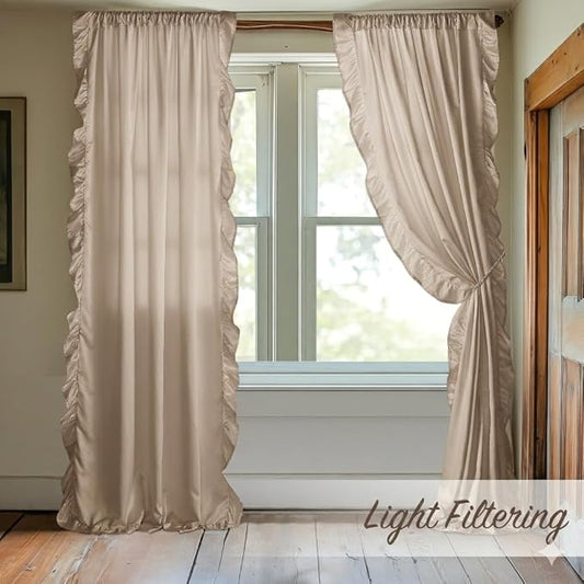 StangH Cottage Ruffle Curtains 96 Inches Long, Ristic Farmhouse Drapes for Large Window, Shabby Chic Privacy Country Panels for Living Room/Bedroom, Beige, W52 x L96, 2 Panels
