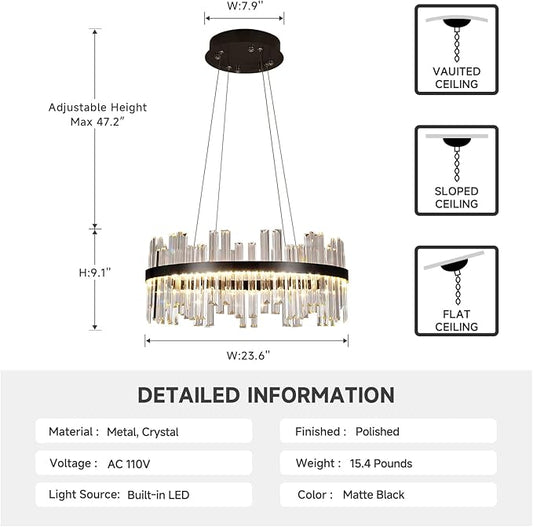 Modern Round Crystal Led Chandelier: 23.6" Black Contemporary K9 Crystals Large Chandeliers - Dimmable 3 Color Drum Ceiling Chandelier - Height Adjustable Circular Light Fixture for Bedroom Kitchen