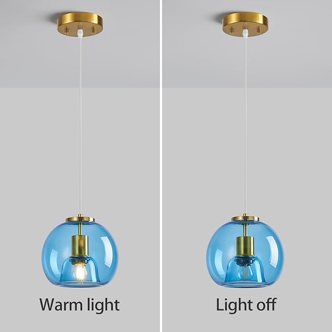 Light Blue Glass Pendant Lights Kitchen Island Gold Hanging Light Fixture Glass Globe Pendant Light Modern Pendant Lighting for Kitchen Island Bedroom Dining Room (7.87", B Style-2 Pack)