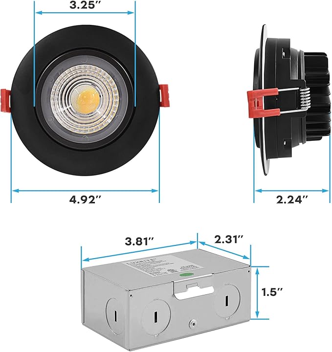 LUXRITE 4 Inch Gimbal LED Recessed Light with Junction Box, 11W=75W, 5CCT Color Selectable 2700K-5000K, Adjustable Swivel LED Eyeball Lights, 1000LM, Dimmable, Damp Rated, ETL Listed, Black (4 Pack)