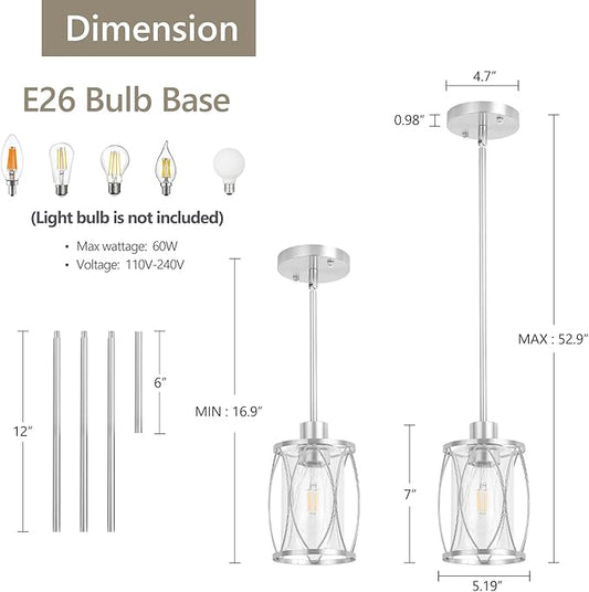 Glass Pendant Lights Kitchen Island Brushed Nickel Pendant Light Fixtures Adjustable Farmhouse Mini Hanging Light with Clear Glass for Sink Dining Room Foyer Entryway Bar, 1 Pack
