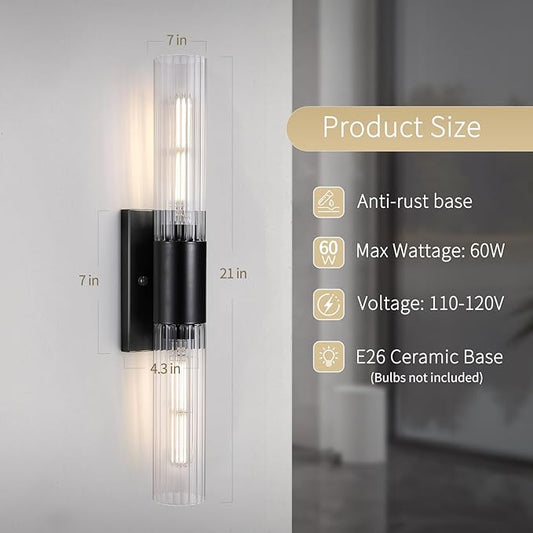 21" Bathroom Vanity Sconces Set of 2, Black Hardwired Wall Sconces Set of Two with Threaded Glass Shade, Modern Up Down Wall Decor Set of 2 for Bathroom Living Room Bedroom Hallway-Bulb Not Included 
