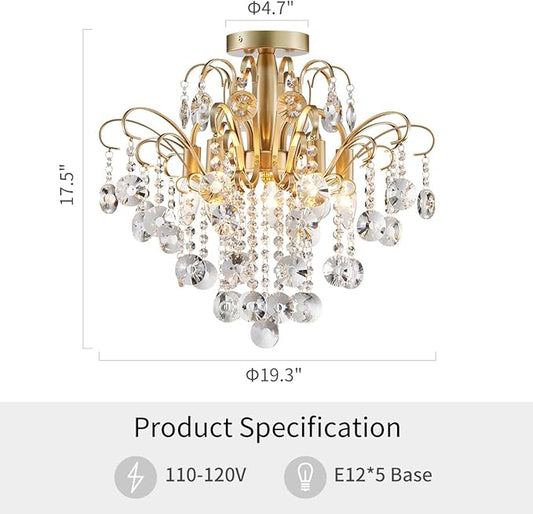WUZUPS Crystal Chandelier Flushmount Ceiling Light Modern Lighting Fixture for Bedroom Hallway Bar Kitchen Bathroom, H 17.5'' x W 19.3'', E12 Base, Gold