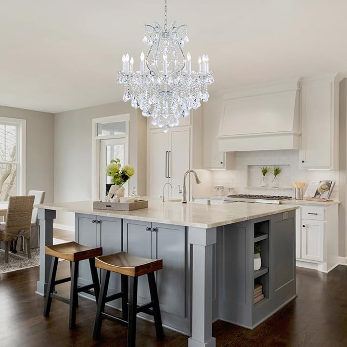 Large Silver Modern Crystal Chandelier Light Fixtures - 12 Lights Maria Theresa Crystal Pendant Light for Staircase Hallway Living Room Entryway Foyer - 28.4 x 28.4 x 35.8 Inch