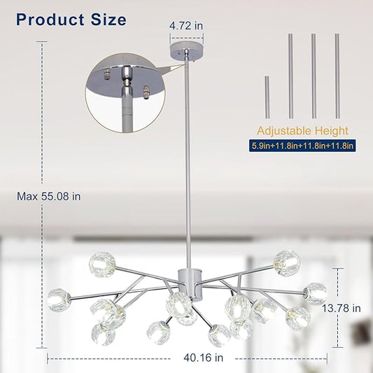Depuley Sputnik Chandelier for Dining Room: 15-Light Ceiling Light Fixture Height Adjustable - Mid Century Chrome Chandelier for Bedroom Living Room Kitchen Over Table Foyer (Included G9 Bulbs)