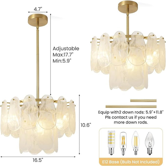 Gold Modern Crystal Chandeliers 16.4in 2 Tier Pendant Light Fixtures 6-Light Round Cloud Glass Chandelier White and Gold Hanging Lighting for Dining Living Room Kitchen Island Bedroom Hallway