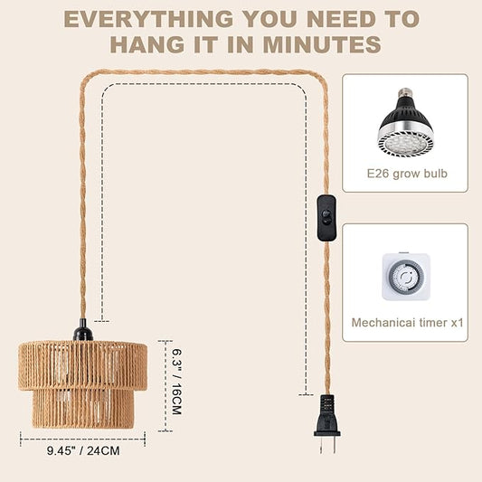 Hanging Grow Light for Indoor Plants, 30W Full Spectrum 4000K Plug-in Pendant Grow Lamp with Timer, 15FT Cord, Adjustable Hanging Kit for Tall Plants, Seedlings, Succulents