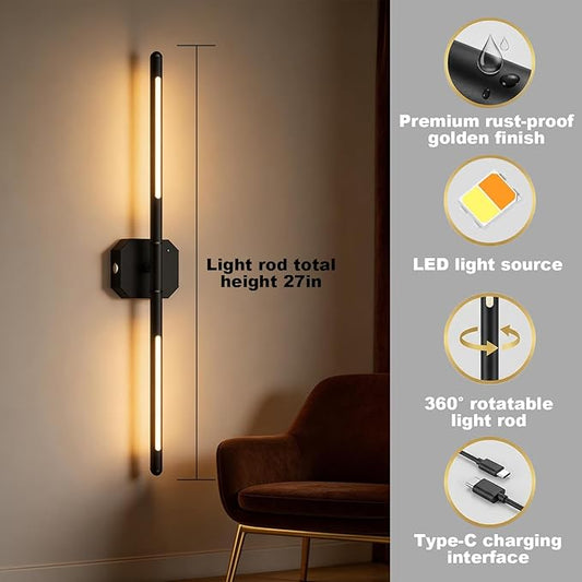 Rechargeable Wall Sconce Set of 2, 35Hrs+ Battery Operated Wall Lights, Wireless Wall Sconce with Remote, 360° Rotatable, Dimmable 3 Color LED Cordless Wall Sconce for Bedroom, Living Room, 27inBlack
