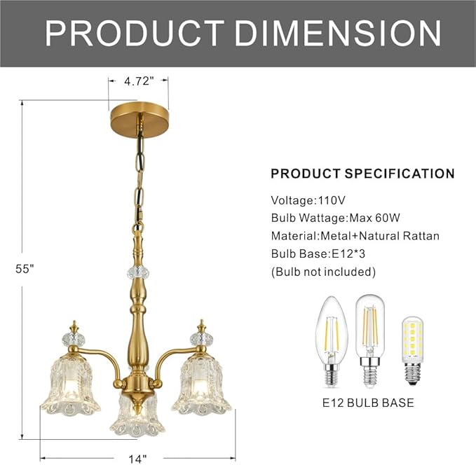 3 Lights Gold Chandelier,Vintage Elegant Rustic Chandeliers Glass Pendant Light Fixture for Dining Room Kitchen Living Room Bedroom