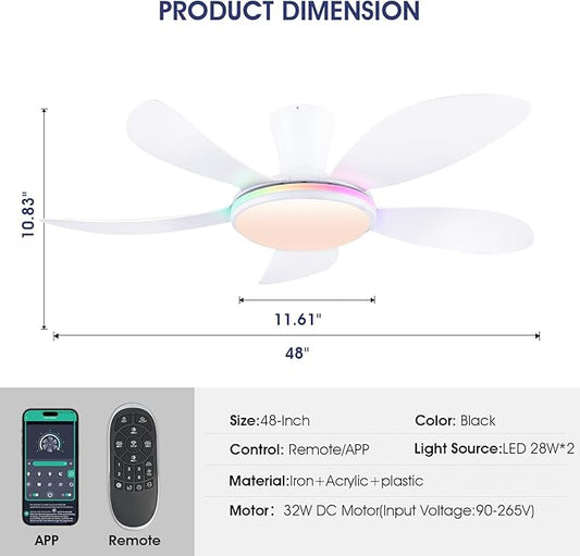 PHORUS RGB Ceiling Fans with Lights and Remote/APP,48" White Low Profile Ceiling Fans with Quiet Reversible DC Motor, Modern Flush Mount Fans Light with 3 Colors 6 Speeds