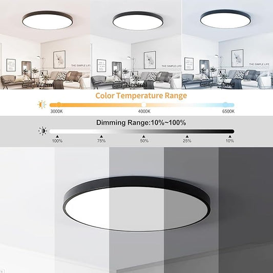 LED Modern Round Recessed Ceiling Light, 20 Inch, 36W 3000K-6000K Dimmable, Black Close to Ceiling Lighting for Living Room & Bedroom