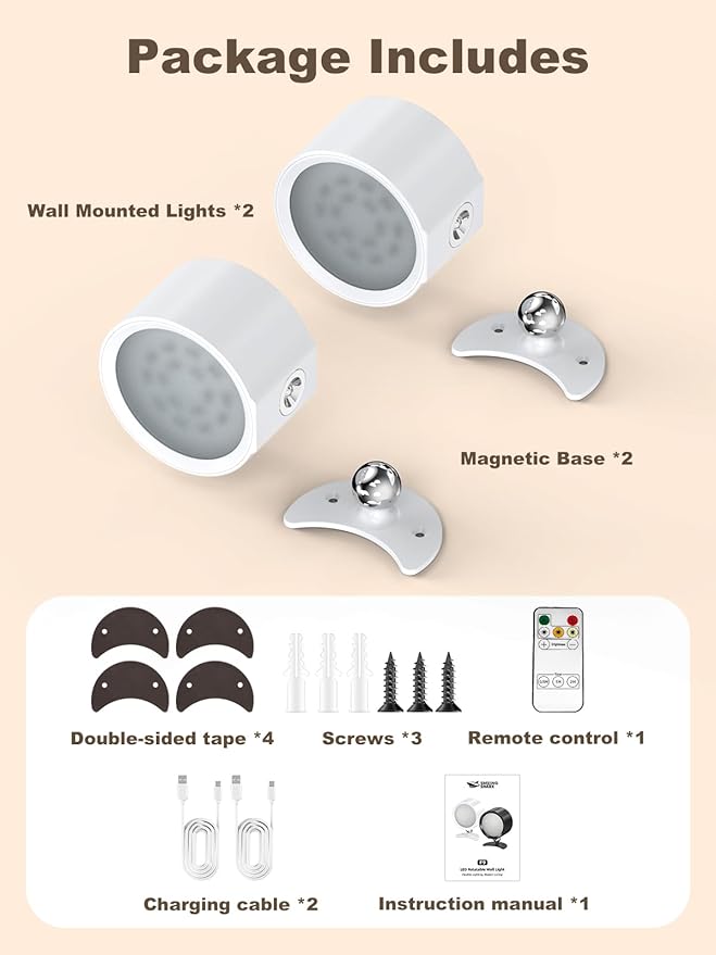 Smiling Shark Wireless Wall Lights, Rechargeable Wall Lights LED Set of 2 360° Rotate Magnetic 3 Color & 4 Brightness Stepless Dimming Adhesive Rechargeable Wall Sconces for Bedroom Bedside, White