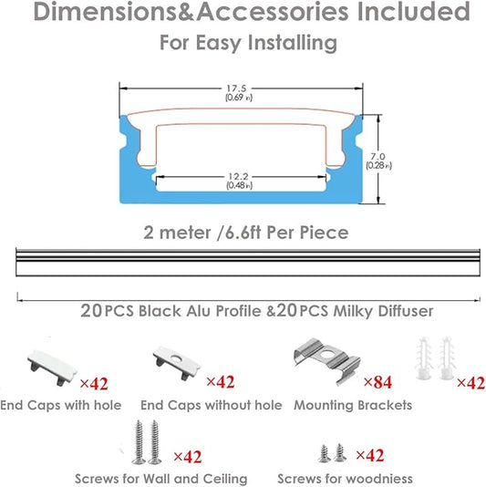 Besseto 20Pack 6.6Ft/2M White LED Aluminum Channel,LED Strip Light Diffuser Aluminum Channel Profile Housing Extrusion for Under Cabinet Counter and Stairs (White-20Pack 6.6ft)