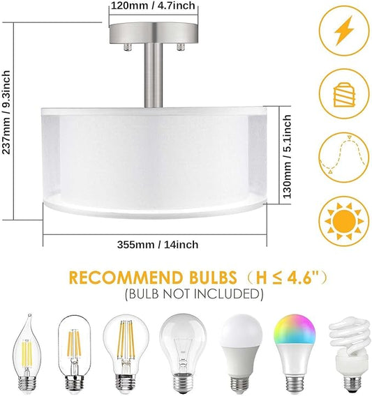 FOLKSMATE 3-Light Semi Flush Mount Ceiling Light Fixture, 14 Inch Drum Light with Double Fabric Shade, Modern Close to Ceiling Lamps for Dining Room Kitchen