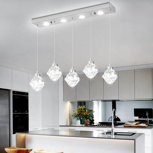 5-Lights Rectangular Pendant Light LED Dimmable Linear Crystal Chandelier Modern Rectangular Chandeliers for Dining Room Bedroom Silver Hanging Light