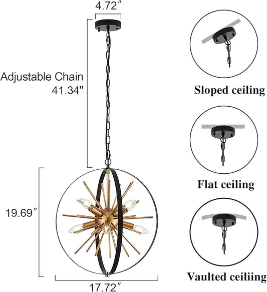 17.7" Black Gold Globe Sputnik Chandelier, 8-light Mid Century Modern Industrial Starburst Golden Satellite Pendant Light Fixture for Entryway Stairway Kitchen Dining Living Room Hallway, E12