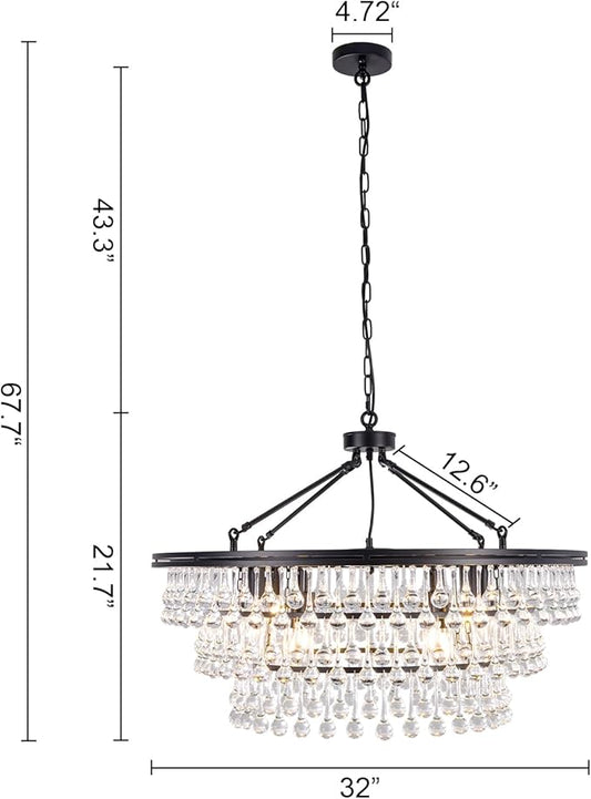 Wellmet Large Black Farmhouse Chandelier - 32" Round Modern Crystal Teardrop Chandelier for Dining Room, Bedroom, Kitchen, Hallway, Closet, Living Room