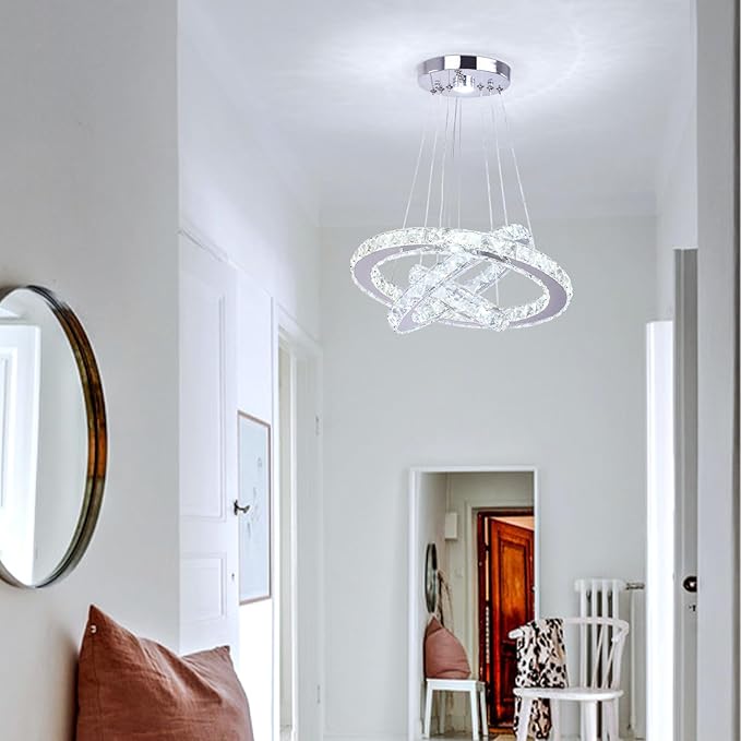Modern 3 Ring Round Crystal Chandelier Adjustable Stainless Steel Pendant Lighting LED Crystal Ceiling Light Fixture for Living Room Dining Room Bedroom Cool White