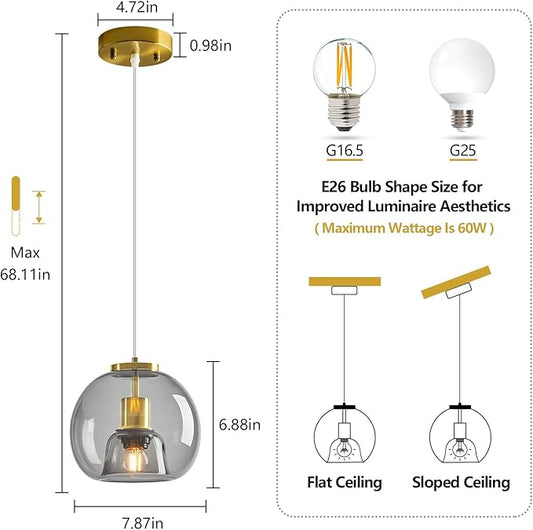 Light Grey Glass Pendant Lights Kitchen Island Gold Hanging Light Fixture Glass Globe Pendant Light Modern Pendant Lighting for Kitchen Island Bedroom Dining Room (7.87", 1 Pack)