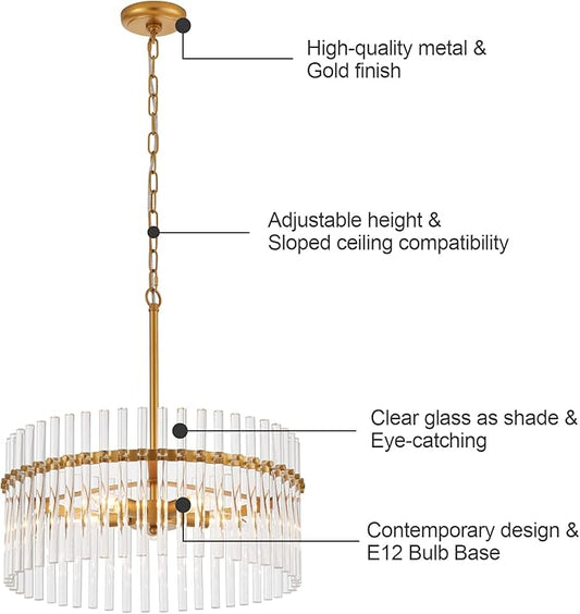 Glass Chandelier for Entryway, Gold Pendant Light for Hallway, Modern Hanging Light Fixture for Kitchen Island Dining Room Bedroom Foyer, Dia 24 Inch