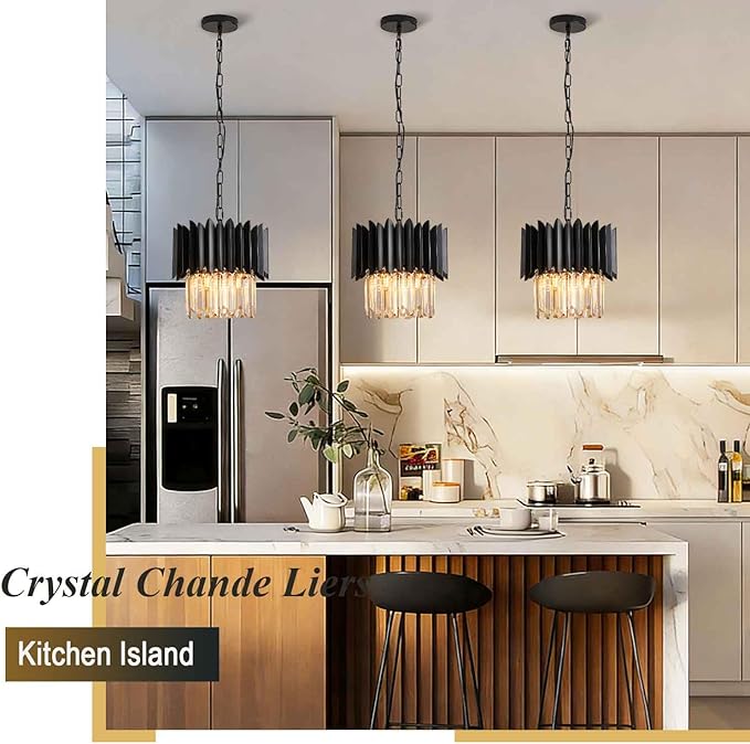 Black Crystal Chandelier 12 Inch K9 Crystal Pendant Light Fixture 3-Light Semi Flush Mount Ceiling Light for Kitchen Island Dining Room Bedroom Foyer Entryway Hallway