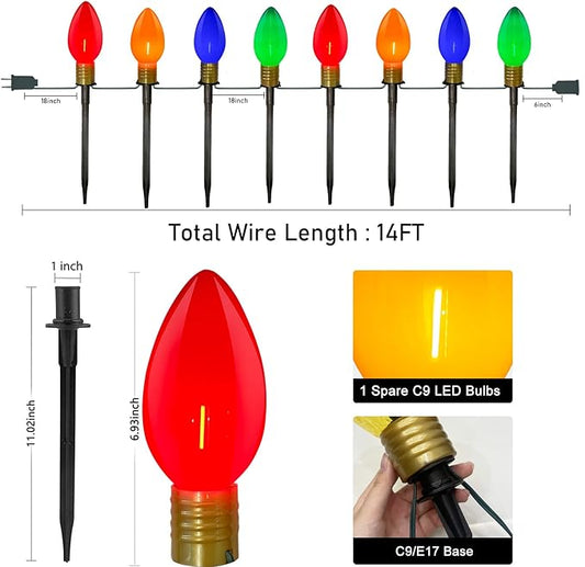 2 Pack C9 Christmas Pathway Stake Lights, 14Ft Total Outdoor Christmas Decorations with 8 Jumbo Multicolor LED Bulbs, Energy Saving Walkway Lights for Lawn Yard Garden Driveway Sidewalk Holiday Decor