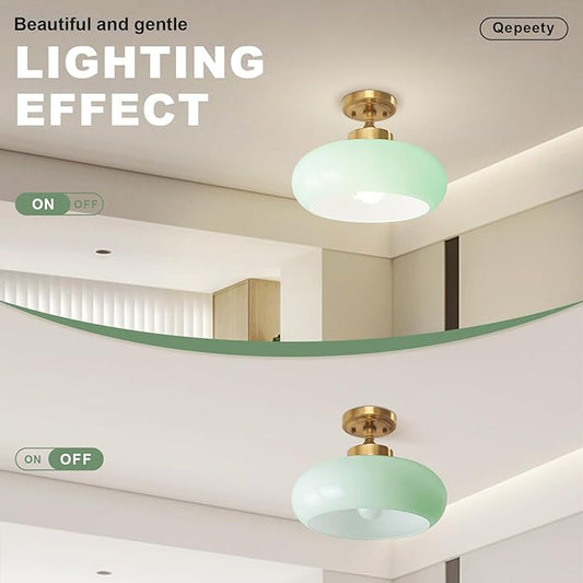 2-Pack Industrial Mint Green Flush Mount Ceiling Light Farmhouse Hallway Light Fixtures Glass Chandelier Vintage Farmhouse Lighting for Hallway Living Room Kitchen Entryway