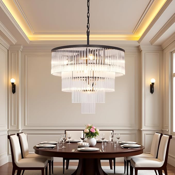 Modern Multi-Tier Crystal Chandelier 4-Tier Round Black Finish Ceiling Light -Cylindrical Glass Rods -Dining Room Living Room Bedroom Entryway -Luxury Lighting Fixture 20''