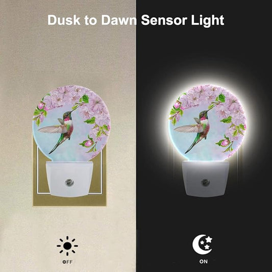 EKOBLA Hummingbird Plug-in Night Light, Spring Bird & Cherry Blossom LED Nightlight with Auto On/Off Sensor for Kids, Seniors & Bedroom Decor