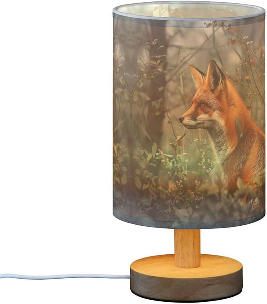 Table Lamp Fox in Forest Nightstand Lamp with Wood Base Fabric Lamp Shade Bedside Desk Lamp for Living Room Bedroom Kids Room Office