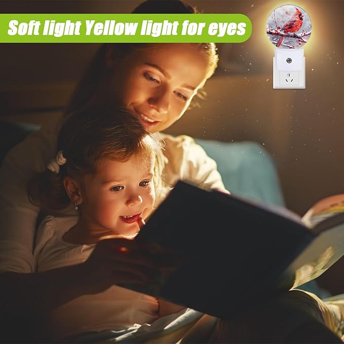 Red Cardinal Bird Night Light,Chrismas Snow Night Lights Plug into Wall for Kitchens Toilets Bedroom Decorative Half Round Nightlight Led Lamp 0.5W Sleep Friendly