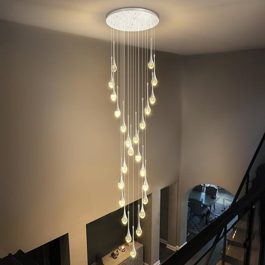 ykolupty Modern Crystal Chandelier 25-Lights Raindrop Chandeliers LED Dimmable High Ceiling Pendant Light Silver Large Chadnelier for Foyer Entrance Living Room