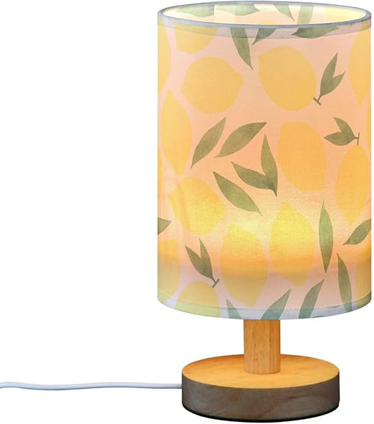 Table Lamp Watercolor Lemon and Leaf Pattern Pastel Color Fruit Print Nightstand Lamp with Wood Base Fabric Lamp Shade Bedside Desk Lamp for Living Room Bedroom Kids Room Office