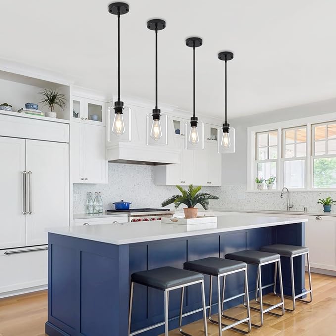 2 Pack Black Pendant Lights Kitchen Island, Modern Glass Pendant Lighting Over Island Kitchen Hanging Dining Room Light Fixtures Adjustable Pendant Lights for Bathroom Hallway Entryway Bedroom