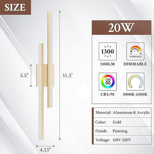 LED Wall Sconce Set of 2 Gold Remote Modern LED Vanity Lights Set of 2 Indoor Wall Light Fixtures for Living Room, Dimmable Wall Sconce for Bedside Bedroom Bathroom, 31.5inch 2 Pack
