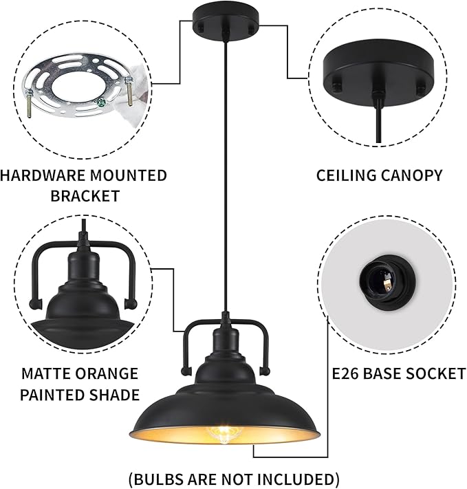Black and Gold Pendant Light 12.5 inches 2 Packs, Farmhouse Pendant Light, Island Pendant Lights, Kitchen Island Pendant Lights, Pendant Lights Kitchen Island for Bedroom, Kitchen, Island