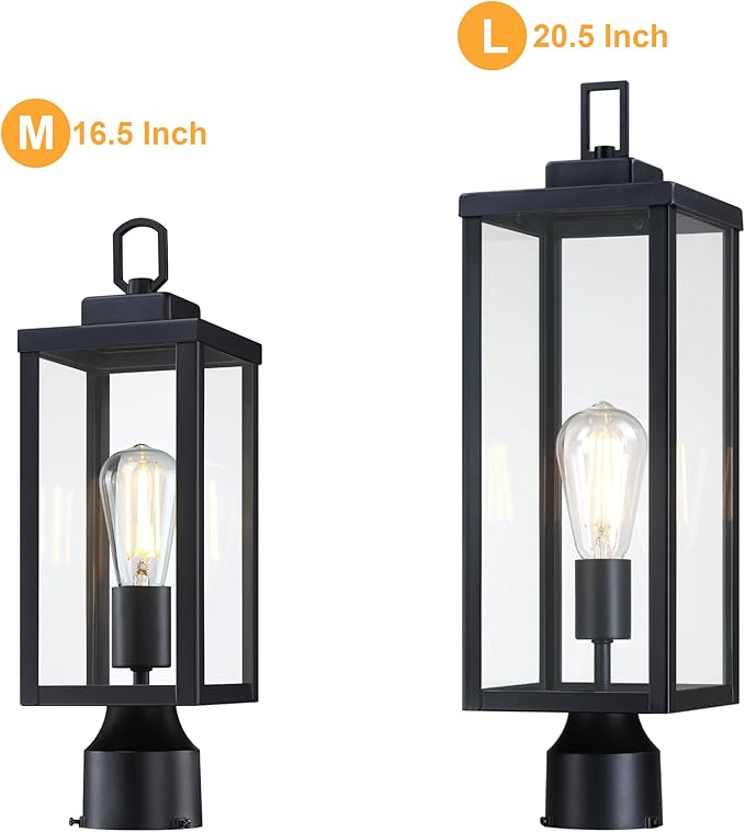 GRUENLICH Outdoor Lamp Post Light Fixtures, Exterior Pole Lantern with Tempered Glass, 20.5 Inch Fence Post Lighting for Garden Yard Pathway, Black, 1 Pack