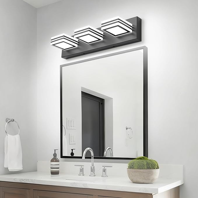 SOLFART LED Bathroom Vanity Light Fixtures: 3 Light Matte Black Modern Acrylic Bathroom Wall Lighting Fixtures Over Mirror Cool White 6000K