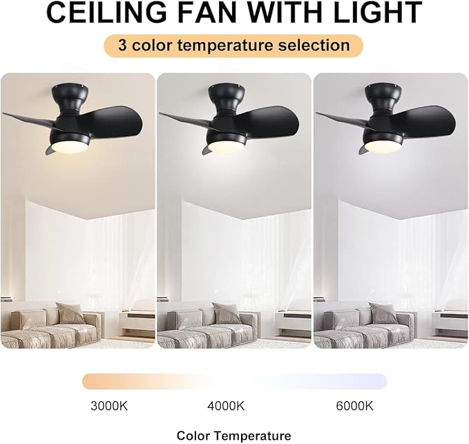 KEIKI 23 Inch Ceiling Fans with Lights & Remote Indoor, Outdoor Modern Ceiling Fan, Small Noiseless Fan w/Dimmable & Timer for Bedroom & Kitchen, 3 ABS Blades & 6 Speed Reversible DC Motor, Black