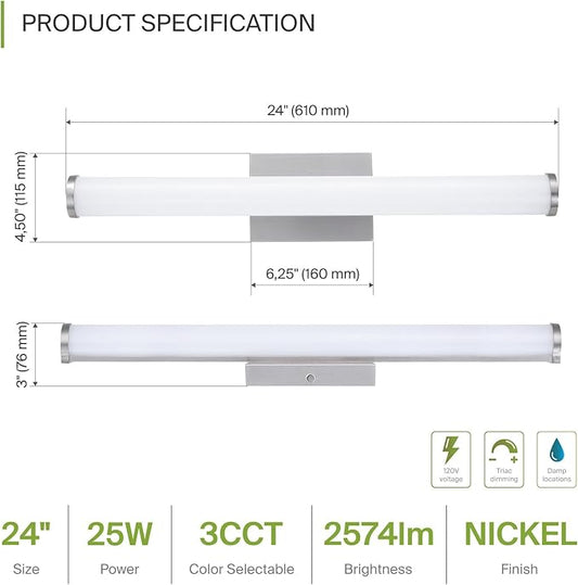 ASD 24" LED Linear Vanity Light Fixture, Modern Bathroom Sconce — 3 Color 3000K-5000K, Dimmable, 25W 1750LM, Energy Star & ETL Listed — Over Mirror Makeup Bar for Bedroom, Cabinets — Nickel, 2 Pack