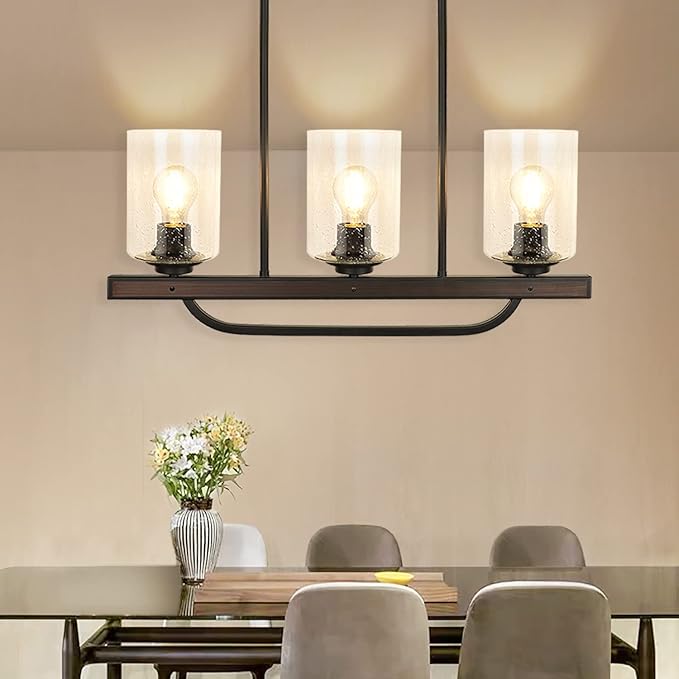 Depuley 3- Light Rustic Pendant Light Fixture, Flush Mount Ceiling Hanging Light with Glass Shade, Adjustable Farmhouse Black Chandelier Lighting for Kitchen Island Dining Room Restaurant, E26 Base