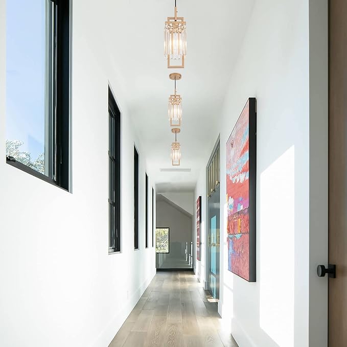 Modern Gold Pendant Light Fixtures for Kitchen Island and Dining Room, Industrial Small Hanging Crystal Chandelier Light Fixture for Bedroom Entryway Living Room Foyer Hallway 3-Pack