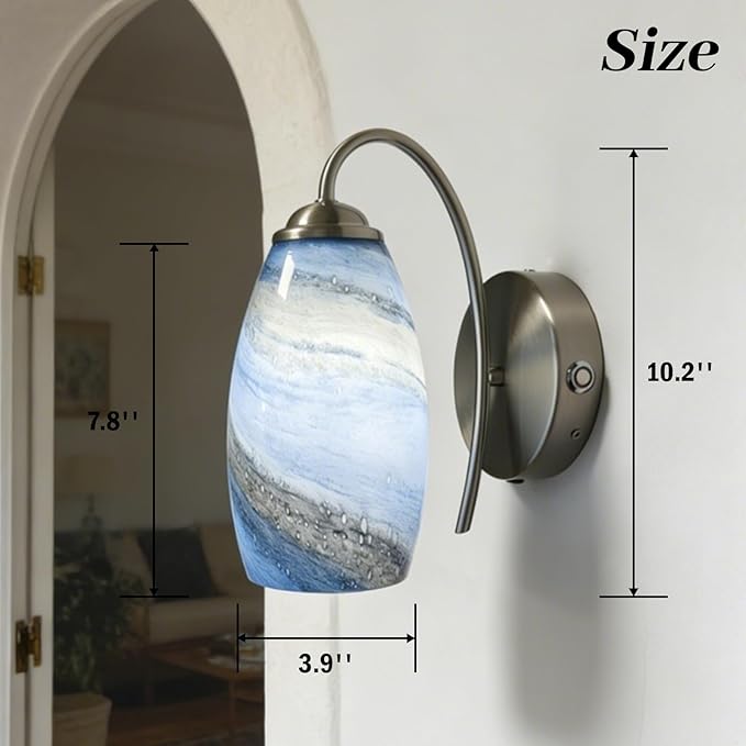 Battery Operated Modern Wall Sconce Set of 2, Rechargeable Wireless Wall Lights with Touch & Remote Control, Dimmable 3 Color Temperatures, Hand-Blown Glass for Bedroom Living Room