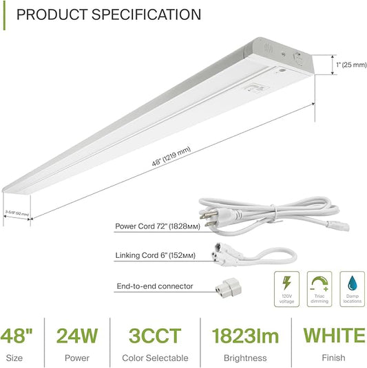 ASD Swivel LED Under Cabinet Lighting Plug in or Hardwired 48 Inch, Dimmable Under Cabinet Lights with High/Low/Off Switch, 3CCT 2700K-4000K, Linkable Under Counter Lights for Kitchen, White, ETL