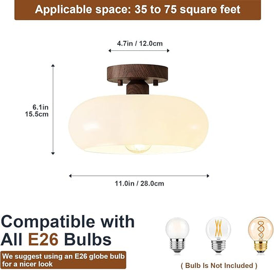 WOKNOS Mid-Century Modern Semi Flush Mount Ceiling Light, Faux Walnut Wood Kitchen Light Fixtures with Glass Shade, Vintage White Close to Ceiling Lamp for Entryway Hallway Bathroom (11.0 Inch)
