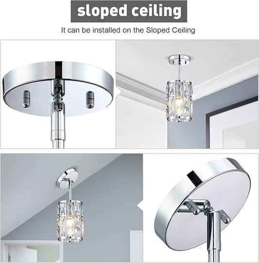 MEXO Modern Crystal Pendant Light Fixture Chrome Finish Hanging Lighting Crystal Chandelier for Kitchen Island Dinning Room Living Room Hallyway Porch Bedroom Lamp