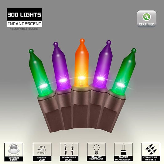 300LIGHTS(2*150L) ORANGE PURPLE and GREEN Extra-Bright With End Connectors Halloween Decorative Lights 19.44m UL Certified Mini String Light Set Waterproof for Halloween Home Garden Tree Party